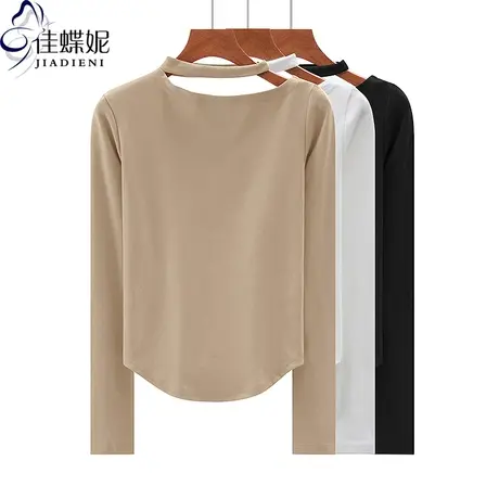 秋冬新款挂脖纯欲修身显瘦纯色圆弧下摆纯棉长袖体恤上衣女打底衫商品大图