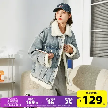 唐狮2022秋冬新款加绒仿羊羔毛设计感牛仔外套女短款百搭韩版上衣图片