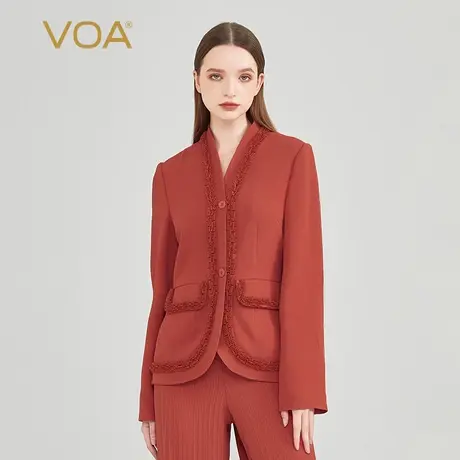 VOA真丝重磅长空60姆米锈红色木耳花边装饰时尚百搭小香风短外套图片