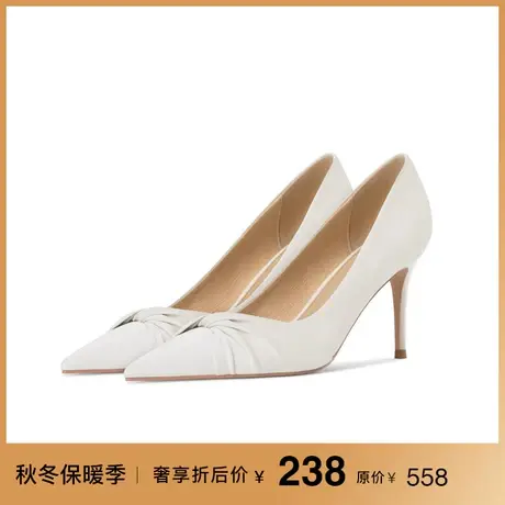 熙漫2023新款简约设计感优雅细高跟鞋女白色职业通勤气质百搭单鞋图片