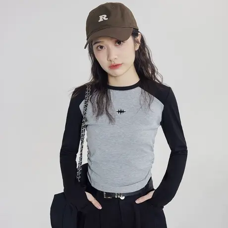 尔给打底衫插肩袖长袖t恤女秋季修身显瘦美式洋气减龄小个子短款商品大图