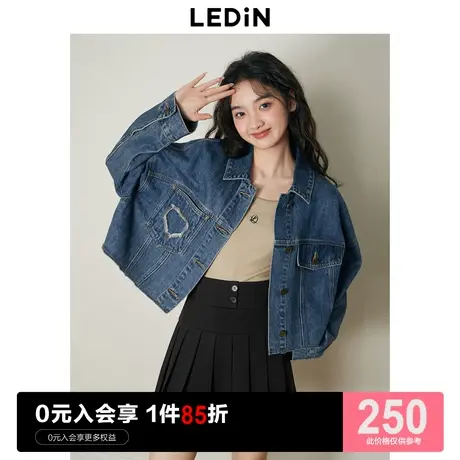 乐町甜美牛仔短外套2023秋季新款女士早春复古宽松深蓝牛仔外套图片