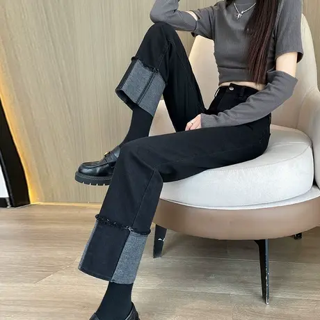 拼接卷边直筒牛仔裤女宽松休闲春秋季小个子高腰显瘦八九分烟管裤商品大图
