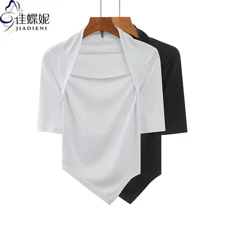 春季新款韩版包肩领修身下摆不规则纯色纯棉中袖体恤上衣内搭女装商品大图