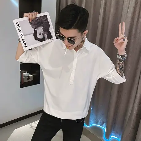 2023夏季纯色套头男宽松纯色百搭个性短袖衬衣快手发型师中袖衬衫商品大图