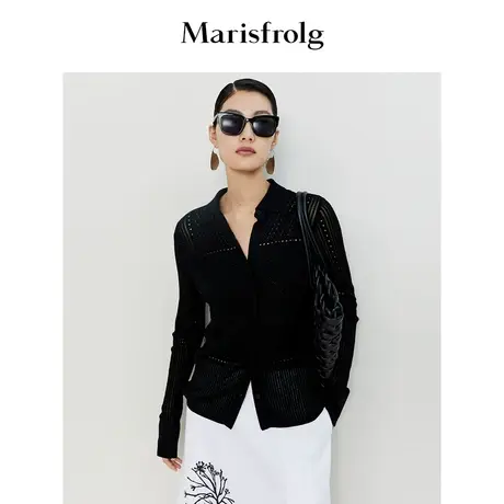 【镂空提花工艺】玛丝菲尔23春季新款羊毛桑蚕丝衬衫领针织开衫商品大图