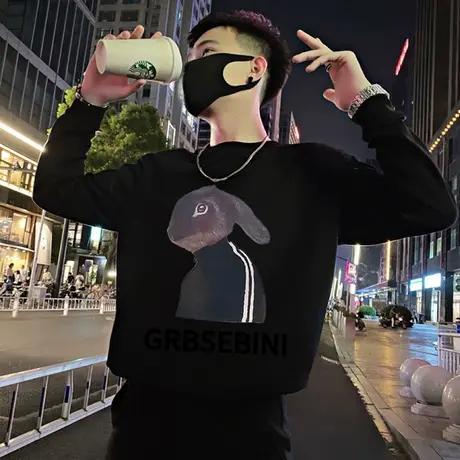 小众卫衣男秋冬款ins卡通兔子印花长袖T恤衫内搭休闲加绒加厚上衣商品大图