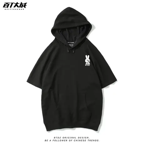 2023新款连帽短袖t恤男纯棉原创趣味比心兔潮牌半袖衣服青年体恤商品大图