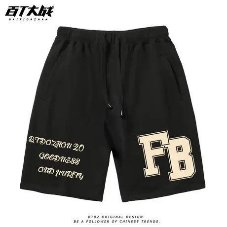 美式休闲短裤文字设计外穿黑色五分抽绳松紧腰运动纯棉中裤夏季男商品大图