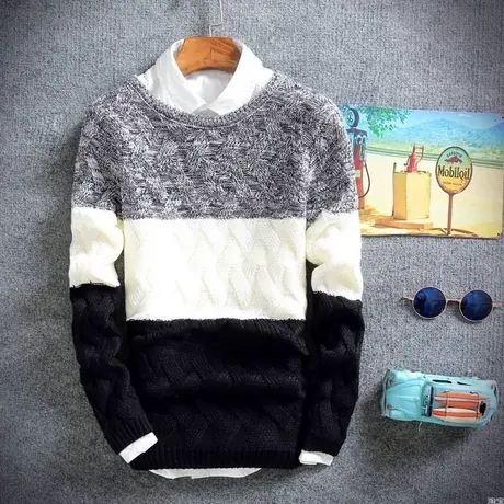 秋季圆领毛衣男士韩版潮流个性帅气修身学生加厚针织衫外套毛线衣商品大图