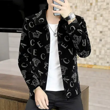 男士夹克潮流春秋季韩版灯芯绒外套褂子上衣休闲印花翻领百搭男装商品大图