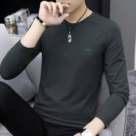 莫代尔长袖t恤男春季薄款潮流内搭打底衫潮牌皇冠印花圆领秋衣服商品大图