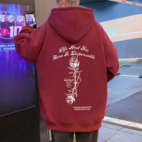 纯棉宽松连帽卫衣男春秋季ins潮牌玫瑰花情侣酒红色外套休闲帽衫商品大图