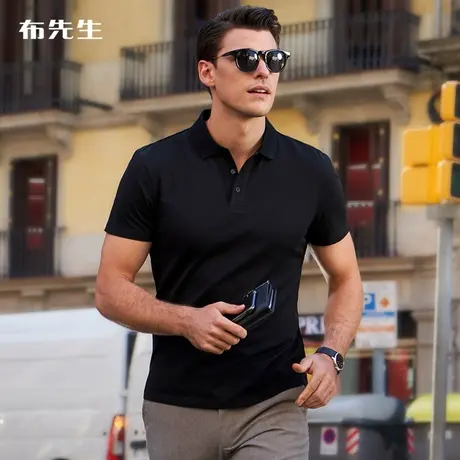 MrBu布先生别致Y型polo衫男翻领丝光棉纯色黑色短袖t恤男AT10469商品大图