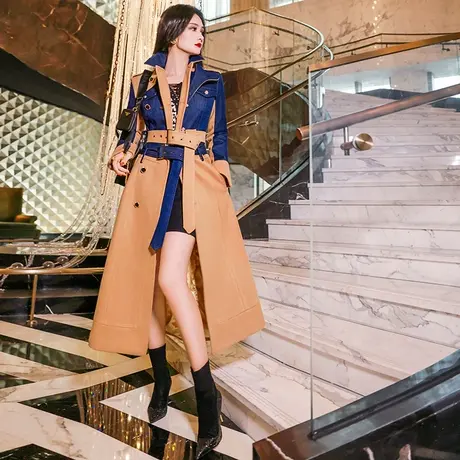 VJE秋冬英伦风女士撞色呢大衣新款时尚修身收腰毛呢外套商品大图