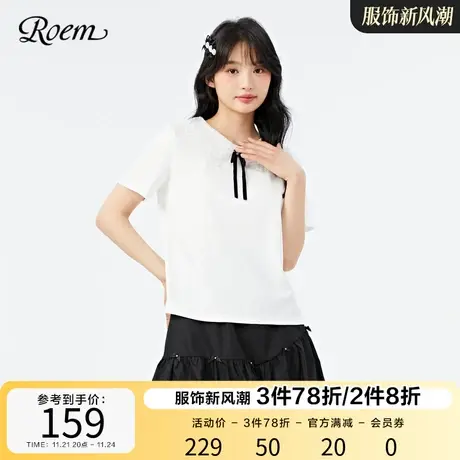 Roem商场同款春秋新品白色娃娃领蕾丝圆领舒适弹力T恤短袖图片