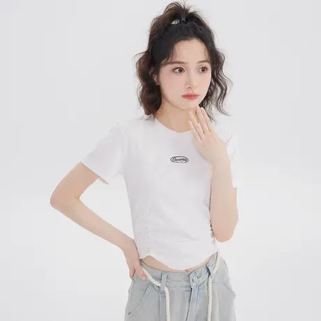 美式正肩短袖短款t恤女夏独特别致显瘦抽褶甜辣小上衣收腰小个子图片