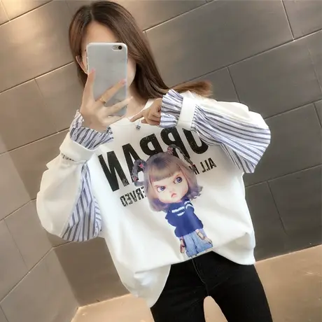 假两件拼接条纹卫衣女2023年秋装新款小女孩卡通印花上衣潮流百搭图片