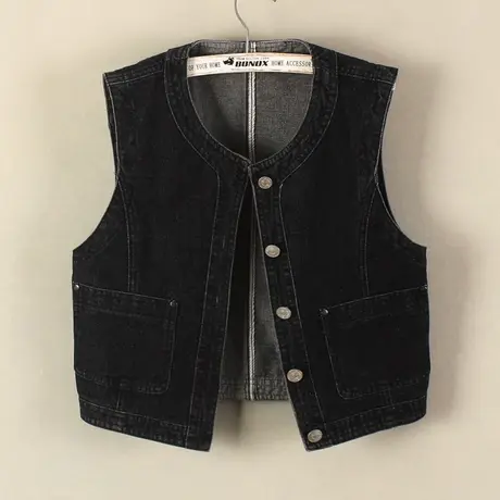 牛仔马甲女背心短款2025春秋新款无袖休闲小外搭修身圆领坎肩黑色商品大图