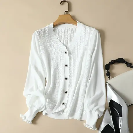 冰丝针织开衫女春装2024年新款雪纺长袖薄款上衣洋气蕾丝打底衫女商品大图