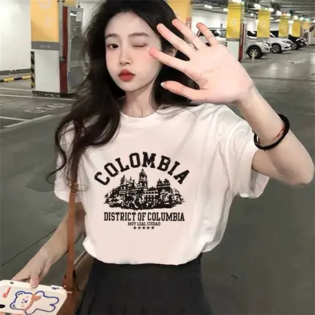 2023设计感小众辣妹印花T恤春夏季新款宽松仿棉短袖纯欲上衣女装图片