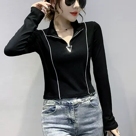 2024春秋新款拉链T恤女长袖设计感小众短款女上衣洋气高腰打底衫商品大图