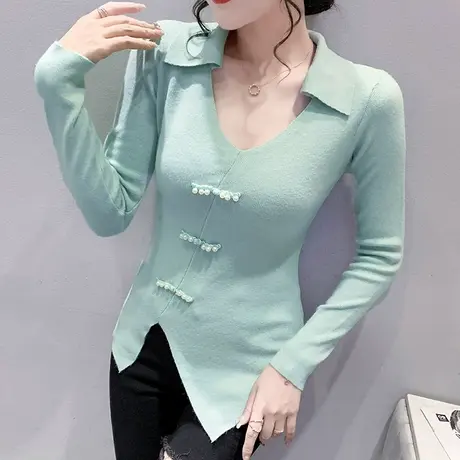 时尚开叉针织毛衣女长袖性感V领修身洋气打底衫秋冬纯色百搭上衣图片