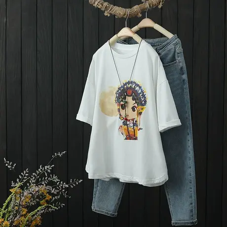 民族风印花短袖t恤女装夏季2022新品宽松大码圆领体恤打底衫上衣商品大图