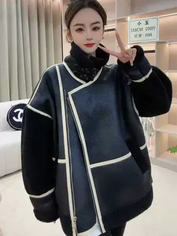 皮毛一体机车服外套女2023冬季新款韩版加绒加厚高级感羊羔毛外套商品大图