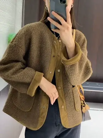 欧洲站复古圆领拼接单排扣高级感短外套羊羔毛棒球服毛呢子上衣潮图片