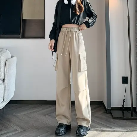 美式高街束脚阔腿工装裤女秋季2023新款高腰显瘦直筒休闲运动裤子商品大图