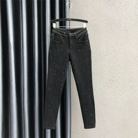 重工烫钻铅笔裤女23秋冬新款黑色洋气打底紧身高腰百搭加绒牛仔裤商品大图