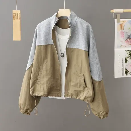 韩国高级感炸街休闲拼色外套女短款春秋季百搭短外套洋气夹克风衣图片