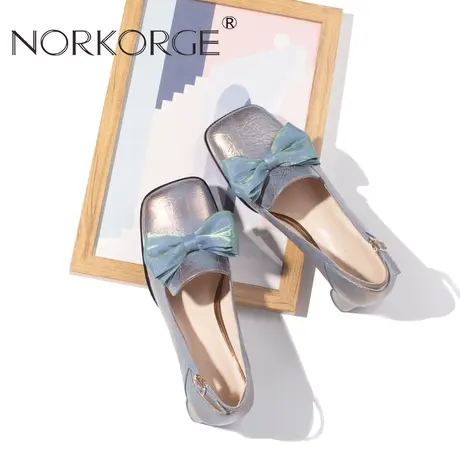 2025新款春秋复古仙女风蓝金色JK蝴蝶结单鞋女真皮方头粗跟高跟鞋商品大图