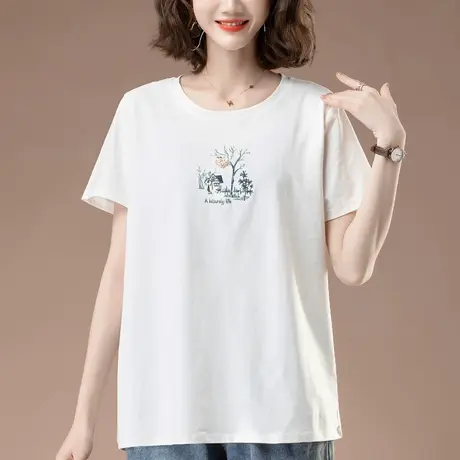 短袖T恤女夏季加肥加大码宽松中年妈妈刺绣百搭显瘦白色纯棉体恤商品大图