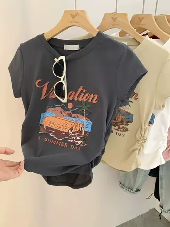 美式短袖t恤女2024夏辣妹小众复古圆领显瘦正肩短款抽褶收腰上衣商品大图