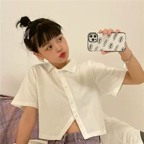 盐系少女新款韩版夏装短款显瘦百搭ins衬衣衬衫短袖上衣温柔风图片