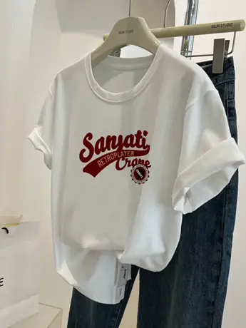 白色仿棉短袖t恤女2023新款夏季洋气减龄港味chic正肩显瘦上衣服商品大图
