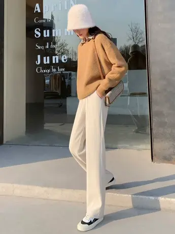 雪尼尔灯芯绒直筒裤女秋冬季2023新款高腰小个子150垂感阔腿裤子商品大图