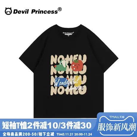 ulzzang小众设计感宽松黑色短袖女t恤vintage古着感卡通正肩上衣商品大图