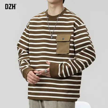 男士条纹长袖t恤男圆领秋季潮牌男装2024新款秋季上衣百搭打底衫商品大图
