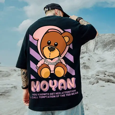 欧美小熊潮流加肥加大宽松短袖T恤男潮oversize潮牌大码夏季半袖商品大图