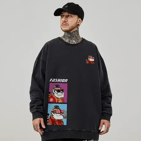 加肥加大码圆领美式重磅复古胖子男装卡通宽松水洗做旧卫衣春秋季商品大图