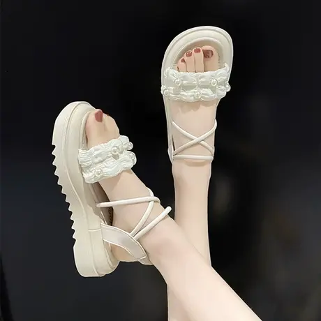 一字带凉鞋女夏季2023新款厚底时尚松糕鞋小香风珍珠松紧罗马女鞋商品大图