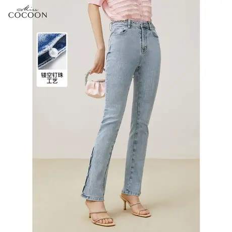 missCOCOON微喇牛仔裤女2023新款夏季钉珠开叉设计感显瘦休闲裤子商品大图