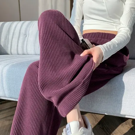 紫色灯芯绒阔腿裤女2023新款秋冬季休闲松紧腰宽松直筒条绒长裤子商品大图
