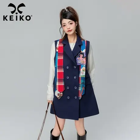 KEIKO 飘带饰西装领无袖毛呢外套女2023秋冬双排扣中长款马甲风衣商品大图