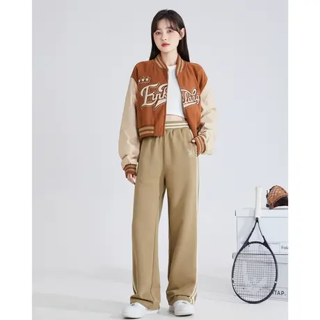 唐狮运动裤女秋新侧边拼接美式复古学院风卡其色阔腿休闲裤子A商品大图