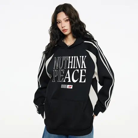 Nuthink国潮撞色小众潮牌加绒加厚黑色连帽卫衣男潮宽松春季外套商品大图