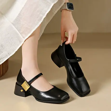 玛丽珍鞋女2023年秋冬季新款复古方头浅口单鞋法式粗跟气质小皮鞋商品大图